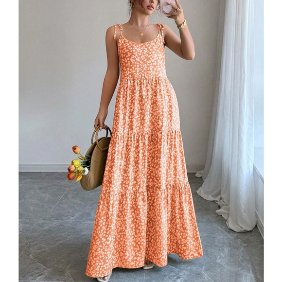 Boho Floral Print High Waisted Ruffle Hem Cami Maxi Dress - Picture 1 of 8